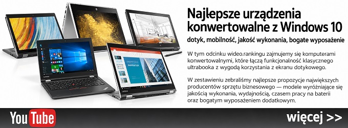 Banner ad with several convertible laptops and Polish text about the best Windows 10 devices; includes a YouTube logo on the left and a 'więcej >>' call-to-action on the right.