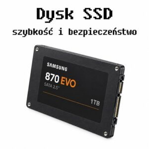 Samsung 870 EVO 1TB SATA SSD shown at an angle; Polish caption above reads 'Dysk SSD szybkość i bezpieczeństwo'.