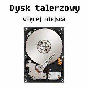 Dysk twardy z widocznymi talerzami, nad nim napis: 'Dysk talerzowy' i 'więcej miejsca'