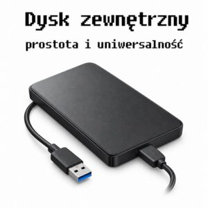 External hard drive with a USB 3.0 cable connected to a computer, featuring Polish slogan 'Dysk zewnętrzny prostota i uniwersalność'
