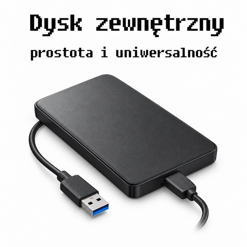 External hard drive with a USB 3.0 cable connected to a computer, featuring Polish slogan'Dysk zewnętrzny prostota i uniwersalność'