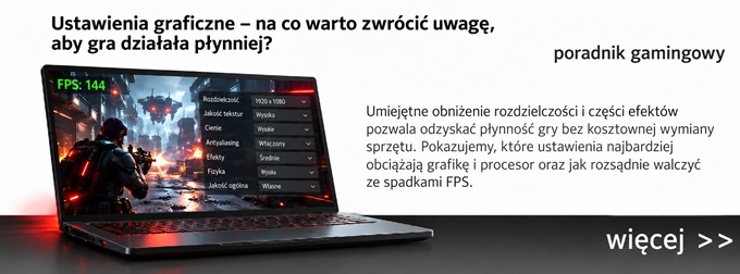 Banner reklamowy z laptopem gamingowym i menu ustawień grafiki; tekst o optymalizacji wydajności w grach.