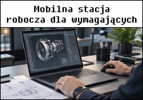 225x180_workstacja_2019_poradnik_lab - lab-kuzniewski.pl - Testy laptopów, recenzje i porównania Laptop on a desk showing a 3D CAD turbine model on screen, with hands on the keyboard; banner text at top reads 'Mobilna stacja robocza dla wymagających'