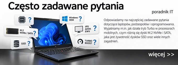 Banner with a laptop and floating question bubbles about hardware and software, Polish title 'Często zadawane pytania' for an IT guide (poradnik IT).