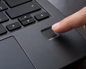 czytnik_linii_papilarnych_2019_poradnik_lab - lab-kuzniewski.pl - Testy laptopów, recenzje i porównania Close-up of a finger pressing a square fingerprint scanner next to the laptop's trackpad.