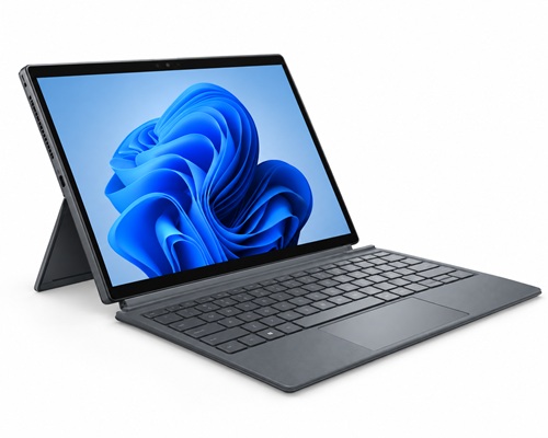 dell_2w1_2019_poradnik_lab - lab-kuzniewski.pl - Testy laptopów, recenzje i porównania Laptop/tablet hybrid with gray keyboard and kickstand, screen showing blue abstract wallpaper