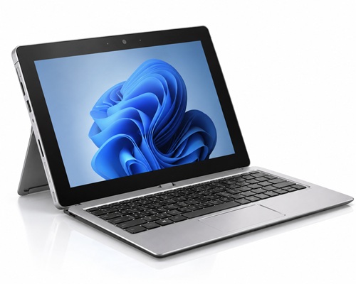 hp_2w1_2019_poradnik_lab - lab-kuzniewski.pl - Testy laptopów, recenzje i porównania Silver convertible laptop in tent mode with blue abstract wallpaper on the screen