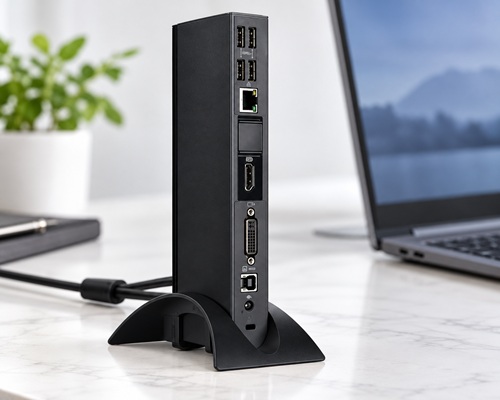 replikator_portow_2019_poradnik_lab - lab-kuzniewski.pl - Testy laptopów, recenzje i porównania Vertical black multi-port docking station with Ethernet, HDMI/VGA and USB ports on a desk beside a laptop.