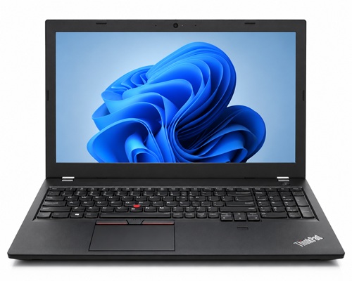 thinkpad_t560_2019_poradnik_lab - lab-kuzniewski.pl - Testy laptopów, recenzje i porównania Black Lenovo ThinkPad laptop open, screen showing a blue abstract wallpaper on a white background.