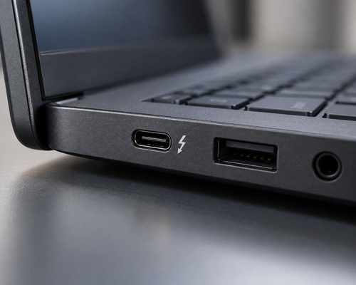 thunderbolt3_2019_poradnik_lab - lab-kuzniewski.pl - Testy laptopów, recenzje i porównania Close-up of a laptop side showing a Thunderbolt/USB-C port, a USB-A port, and a headphone jack.