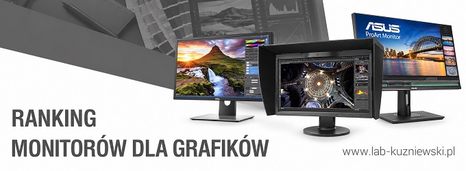 ranking_best_graphic_monitors_2019_0909_main - lab-kuzniewski.pl - Testy laptopów, recenzje i porównania Banner with three monitors displaying graphics; text reads 'RANKING MONITORÓW DLA GRAFKÓW' and the URL www.lab-kuzniewski.pl.