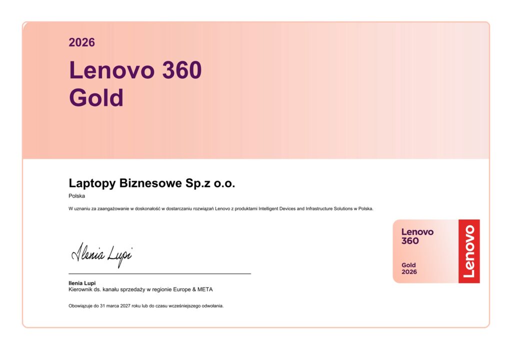 Certificate header: '2026 Lenovo 360 Gold' for Laptopy Biznesowe Sp.z o.o. (Poland) with Lenovo branding.