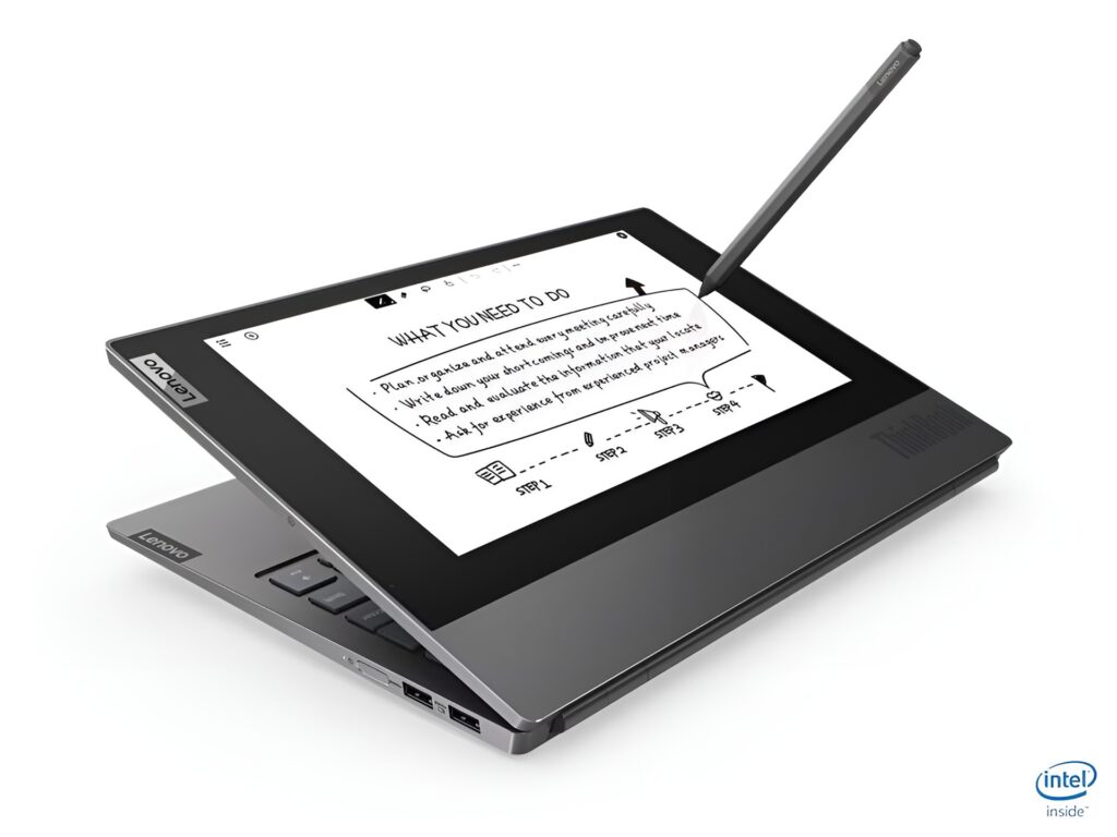 Lenovo ThinkPad tablet with stylus on screen showing a handwritten to-do list; Intel Inside logo in the corner.