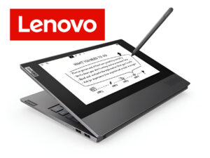 Lenovo tablet with a stylus sketching on the screen and a red Lenovo logo in the corner.