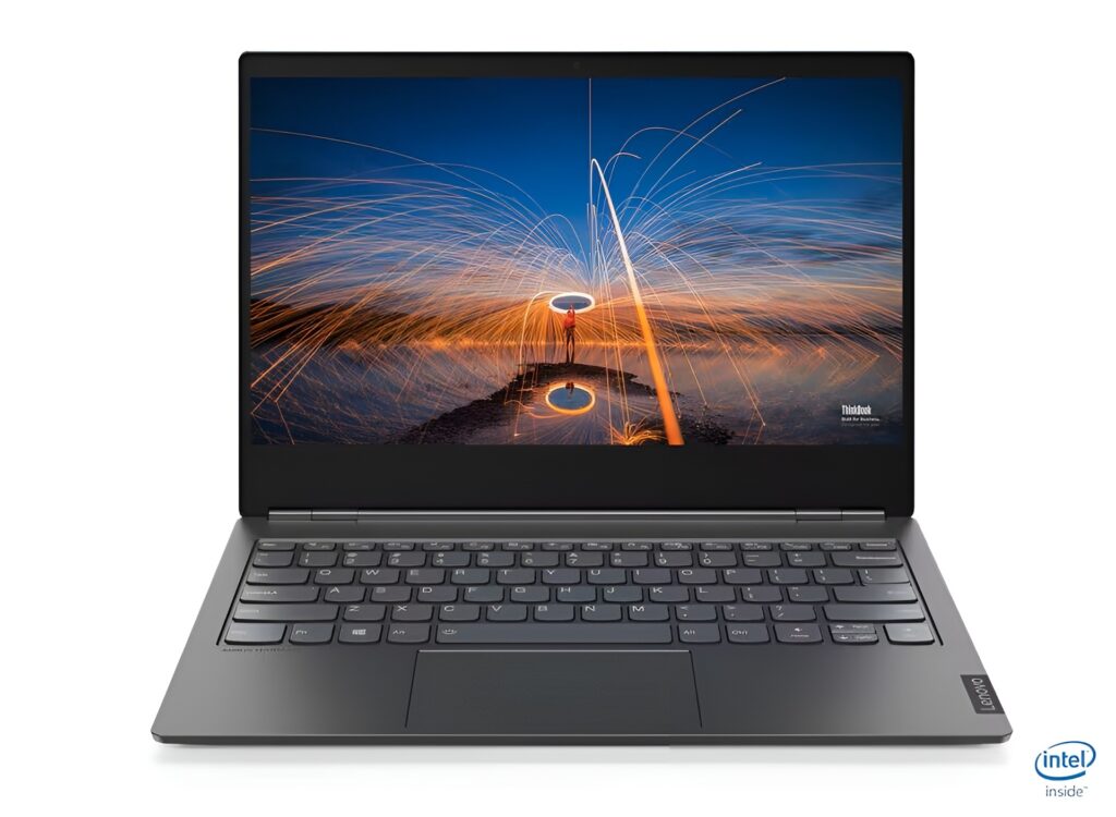 Open gray Lenovo laptop showing a long-exposure light-painting scene on the screen, with Intel Inside logo visible in the corner and ThinkPad branding on the palmrest
