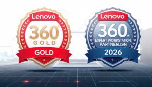 Two Lenovo achievement badges: gold 360 GOLD and blue 360 EXPERT WORKSTATION PARTNER CLGN 2026, displayed side by side on a tech background