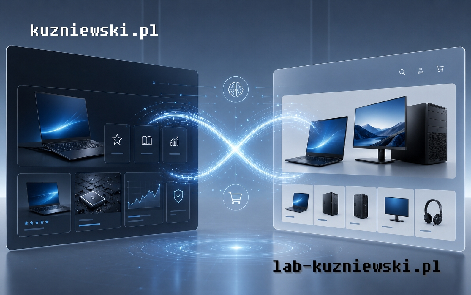 Futuristic multi-device interface showing laptops and monitors with product icons connected by glowing data streams to a light panel on the right.