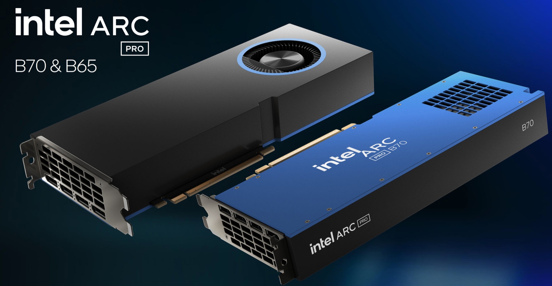 Intel ARC Pro B70 and B65 graphics cards shown with blue shroud and cooling fans.