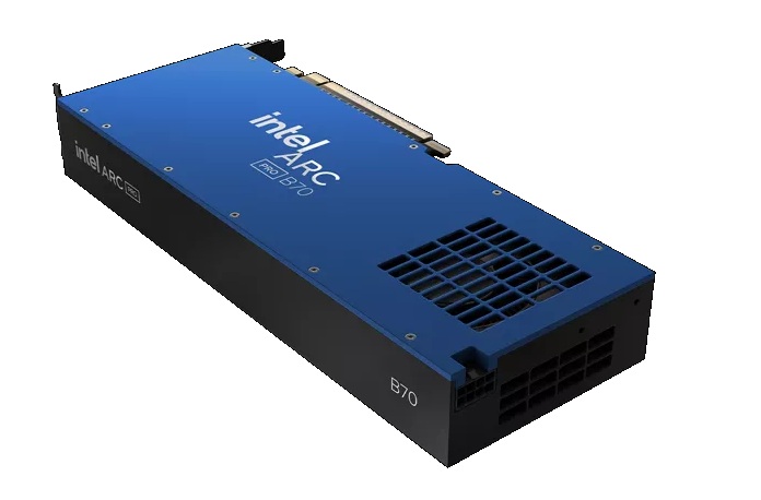 Blue Intel Arc B70 PCIe accelerator card with cooling vents, shown at an angle.
