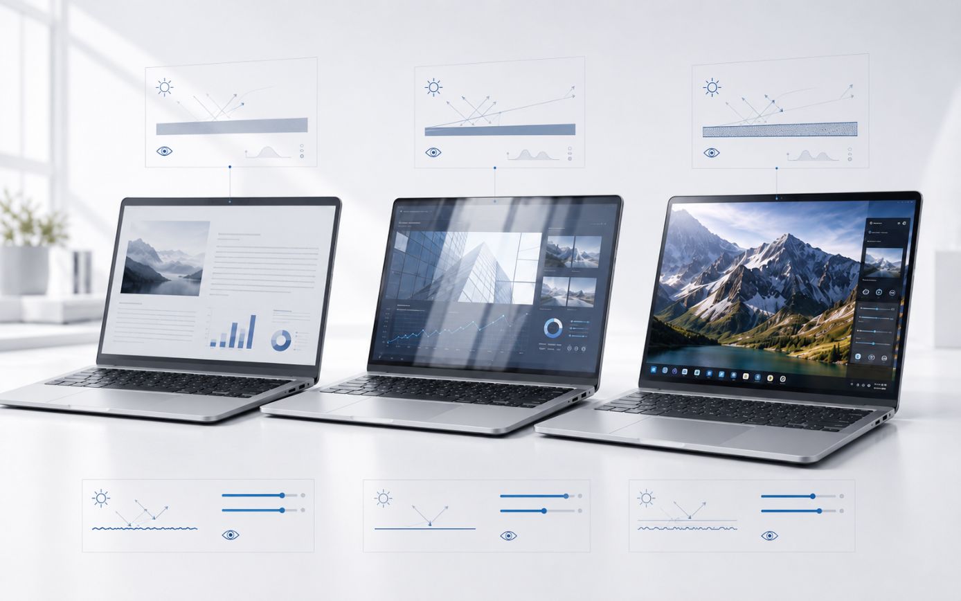 LCD_w_laptopach_dotyk_02_1805 - lab-kuzniewski.pl - Testy laptopów, recenzje i porównania Three silver laptops on a white desk display data dashboards and charts, with schematic diagrams above and below the screens.