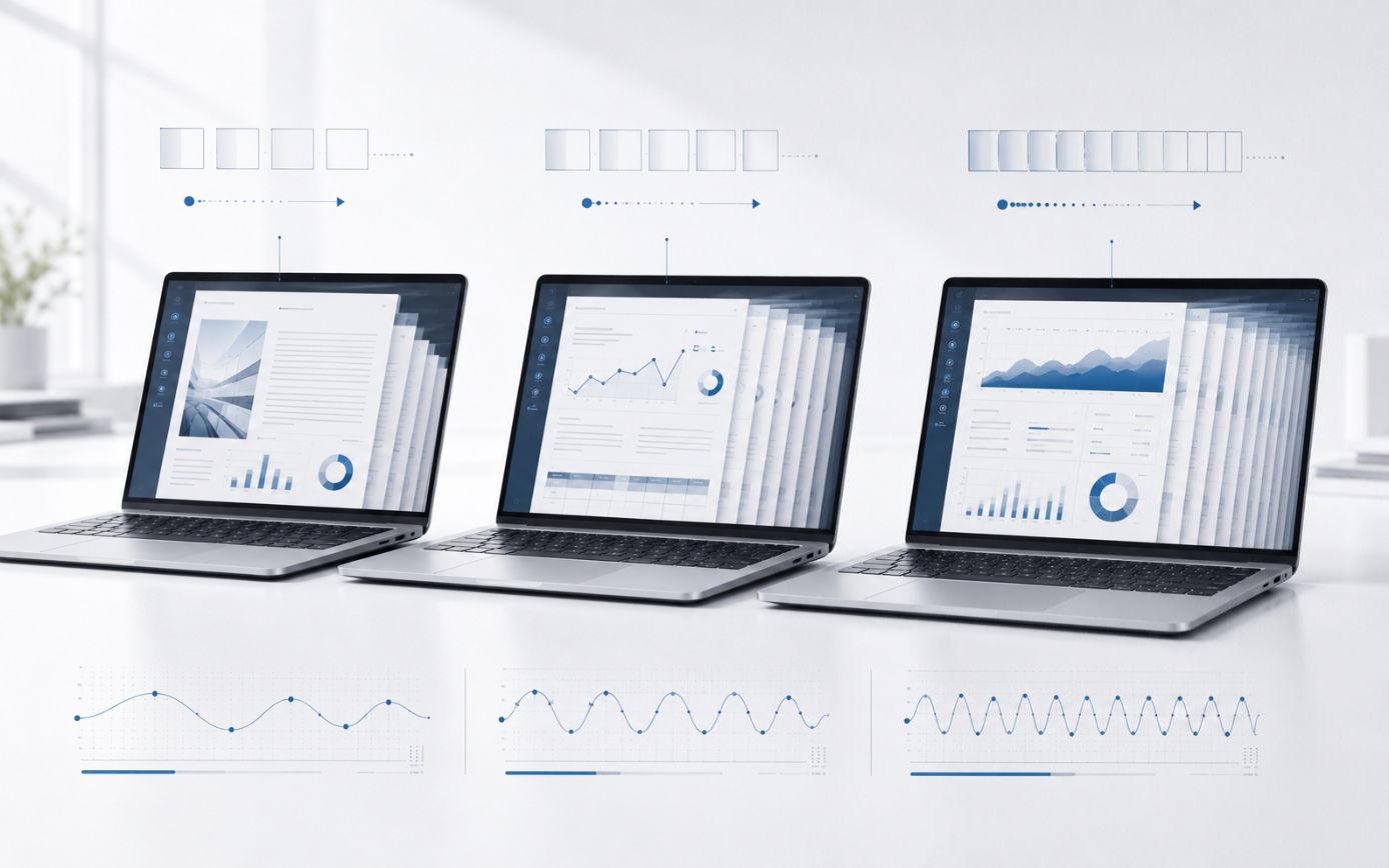LCD_w_laptopach_herce_02_1805 - lab-kuzniewski.pl - Testy laptopów, recenzje i porównania Three laptops on a white desk display business dashboards and charts, with infographic lines above and below showing data trends.