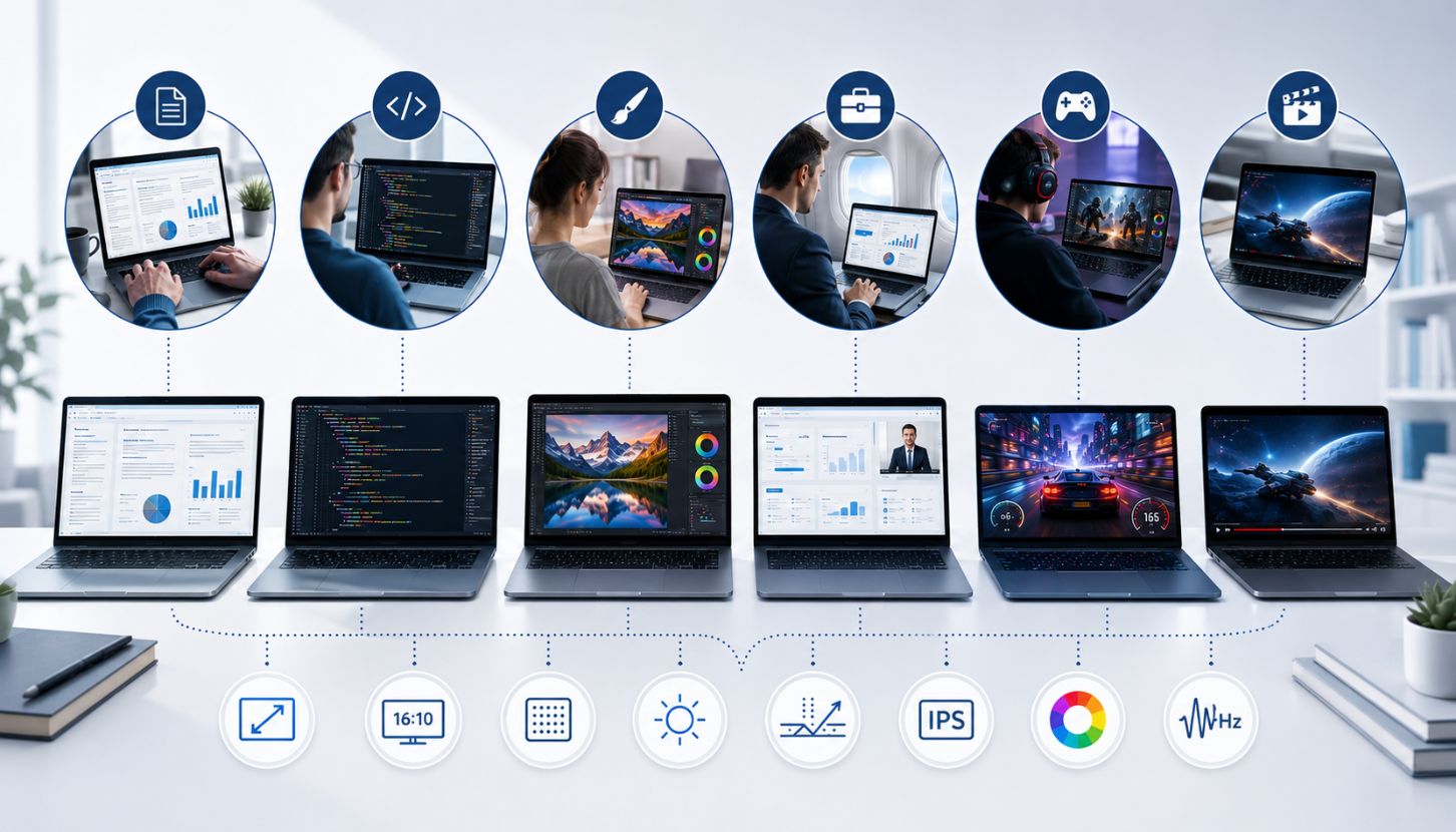 LCD_w_laptopach_podsumowanie_02_1805 - lab-kuzniewski.pl - Testy laptopów, recenzje i porównania Six laptops show different tasks (docs, coding, design, analytics, gaming, video) with circular icons above each to denote the workflow.",