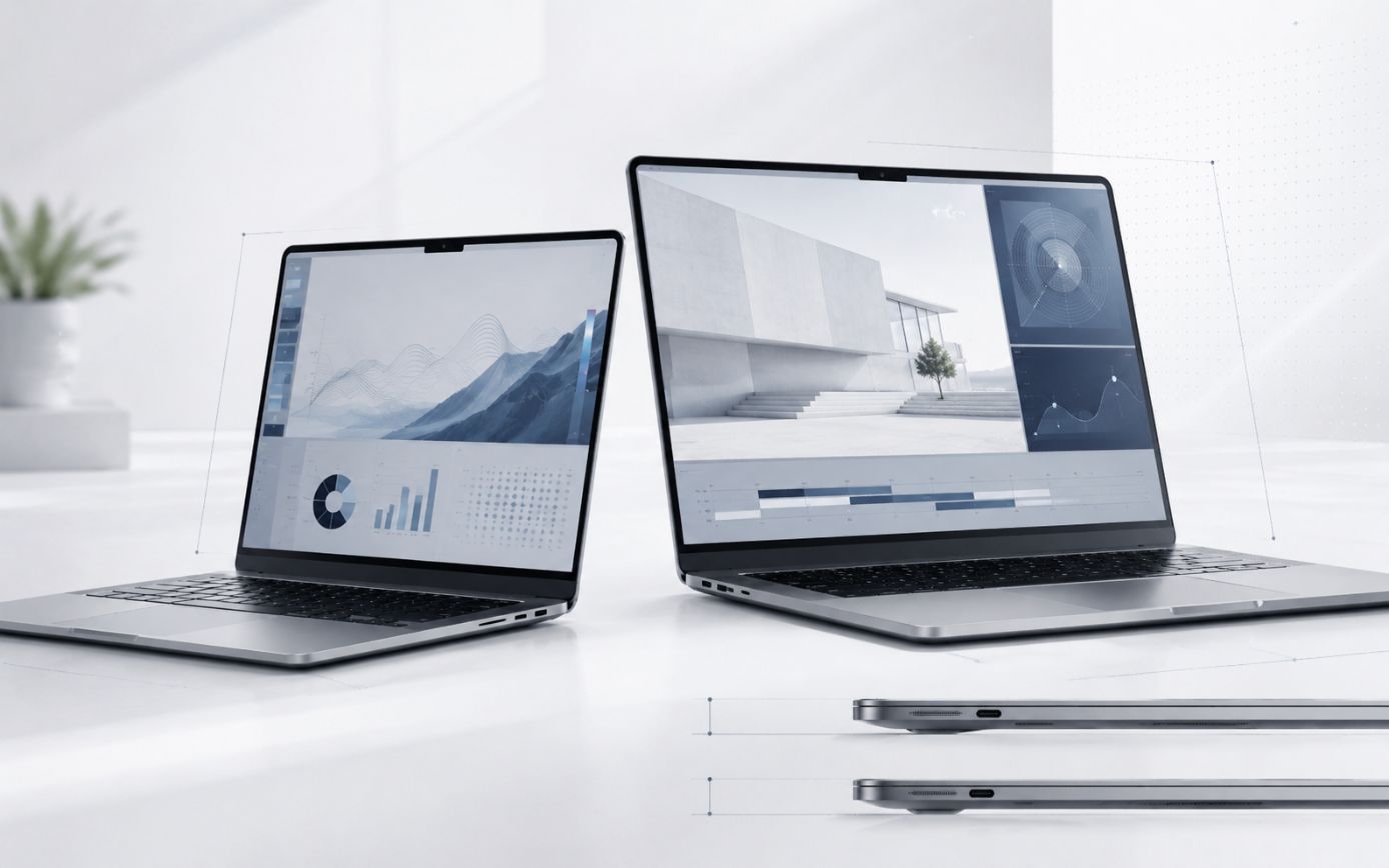 Two slim laptops on a white desk, screens showing charts and graphs in a bright, minimal setup with a small plant in the background.