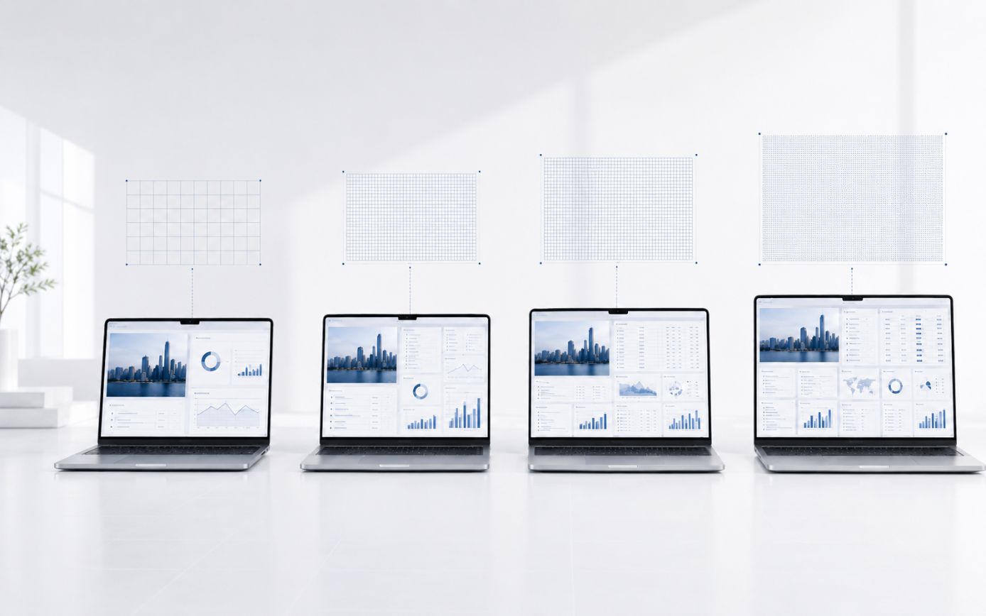 Four laptops on a white desk display data dashboards, with grid charts floating above in a bright office setting.
