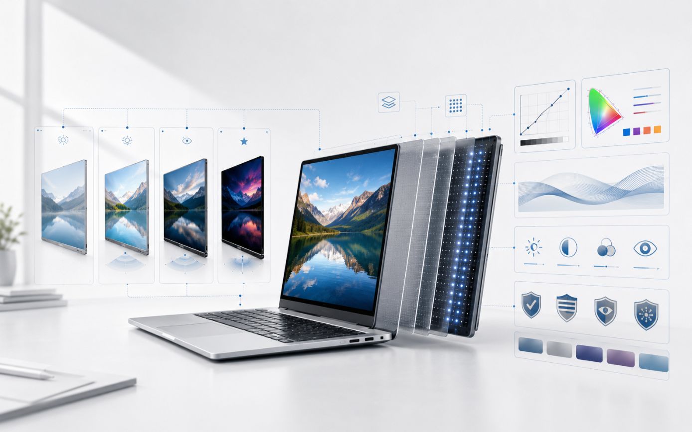 LCD_w_laptopach_typy_02_1805 - lab-kuzniewski.pl - Testy laptopów, recenzje i porównania Laptop with translucent panels showing multiple displays of landscapes, charts, and color palettes representing data visualization hardware.