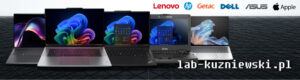 Banner with six laptops angled on a dark geometric floor, top-brand logos (Lenovo, HP, Getac, Dell, ASUS, Apple) and lab-kuzniewski.pl text.