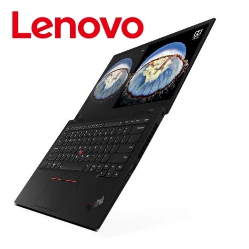 Lenovo laptop opened at an angle, showing keyboard and dual-screen display, with the red Lenovo logo in the top left corner