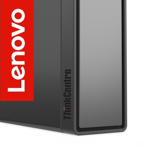 Close-up of a Lenovo ThinkCentre desktop tower with a red Lenovo label on the side.