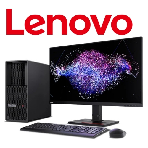 Lenovo logo above a black desktop tower and a widescreen monitor displaying a colorful data visualization, with a keyboard and mouse.