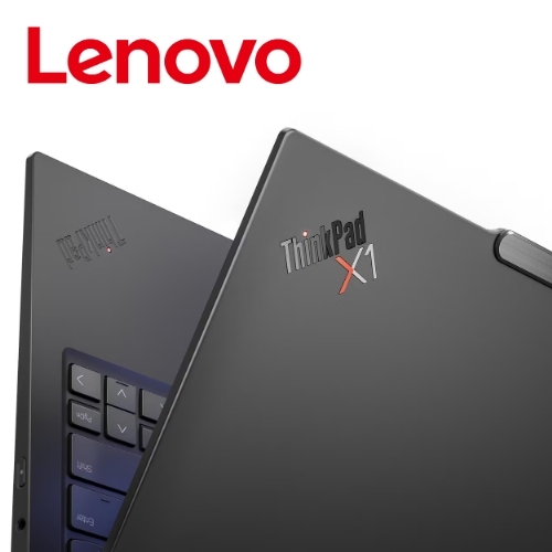 Lenovo ThinkPad X1 laptop, two angled views with the red Lenovo logo above.