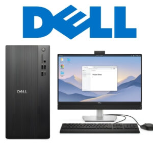 Dell logo overhead with a black Dell desktop tower, widescreen monitor, keyboard, and mouse arranged on a desk. The monitor displays a Windows desktop.