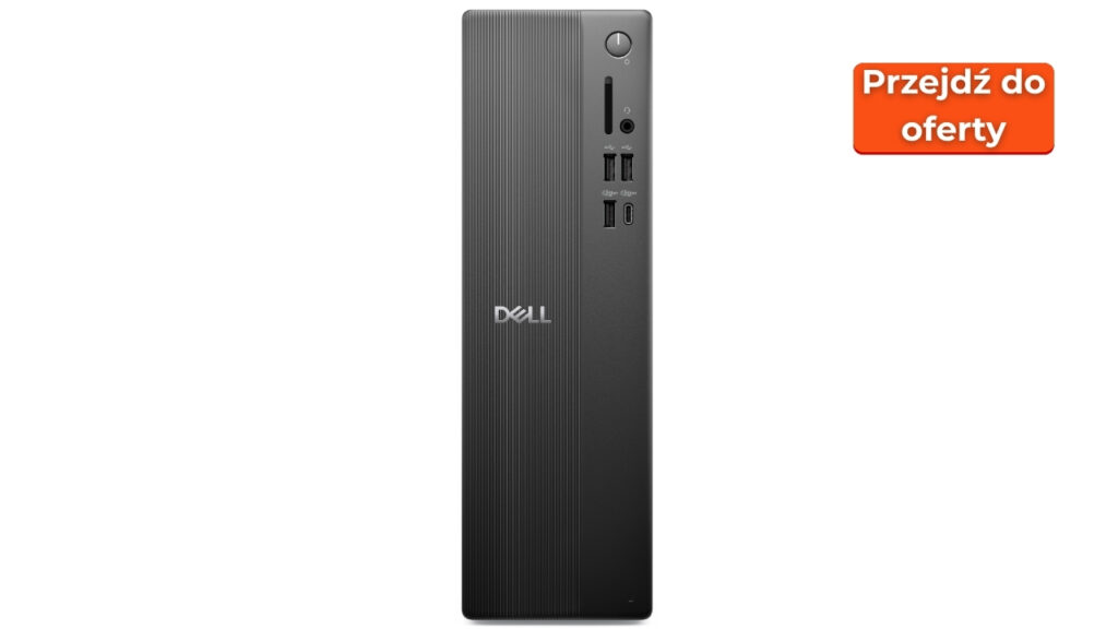 Dell_Pro_Slim_Essetnial_2026_1507_01 - lab-kuzniewski.pl - Testy laptopów, recenzje i porównania Front view of a black Dell desktop tower with textured vertical ridges and USB ports on the right side