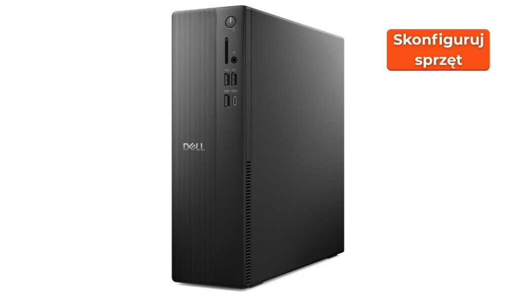 Dell_Pro_Slim_Essetnial_2026_1507_02 - lab-kuzniewski.pl - Testy laptopów, recenzje i porównania Dell desktop tower shown from the front-left, with USB ports and power button visible on the front panel; black vertical-ridged texture on the left side and Dell logo visible.