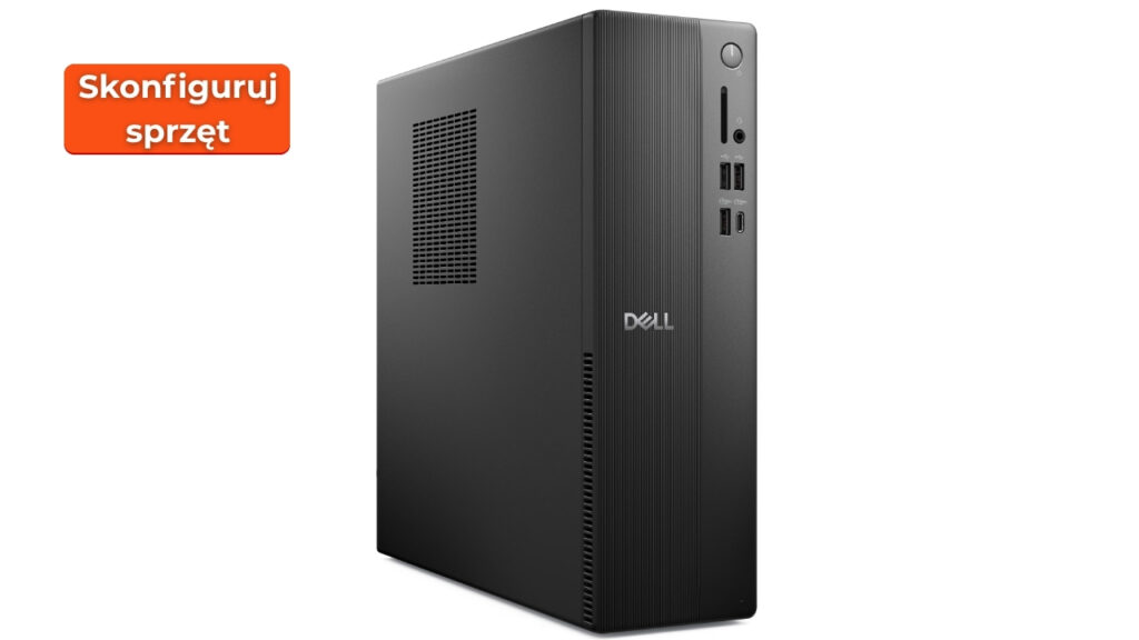 Dell_Pro_Slim_Essetnial_2026_1507_03 - lab-kuzniewski.pl - Testy laptopów, recenzje i porównania Dell desktop tower with front I/O panel and Dell logo; orange badge reads 'Skonfiguruj sprzęt' (Configure hardware) on the left