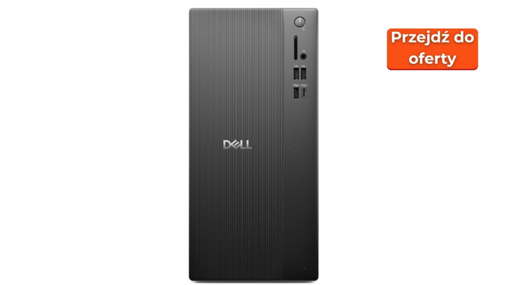 Dell_Pro_Tower_Essetnial_2026_1507_01 - lab-kuzniewski.pl - Testy laptopów, recenzje i porównania Back view of a black Dell desktop tower with vertical textured stripes and a right-side I/O panel of USB ports and controls; Dell logo visible on the left half of the case; orange promo button in the corner reads 'Przejdź do oferty'