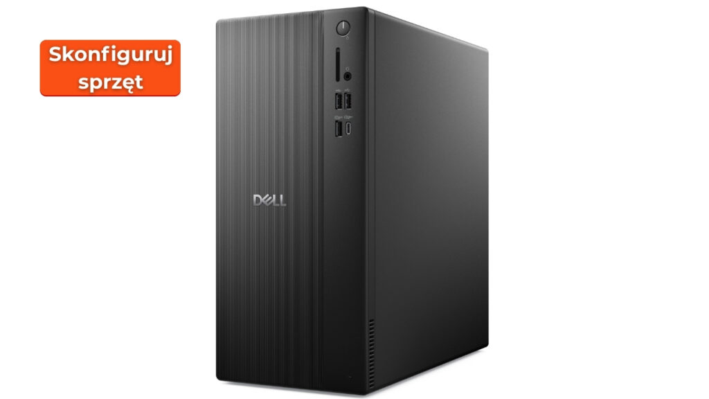 Dell_Pro_Tower_Essetnial_2026_1507_02 - lab-kuzniewski.pl - Testy laptopów, recenzje i porównania Dell desktop PC tower with textured front panel and USB ports, shown with orange 'Skonfiguruj sprzęt' badge.