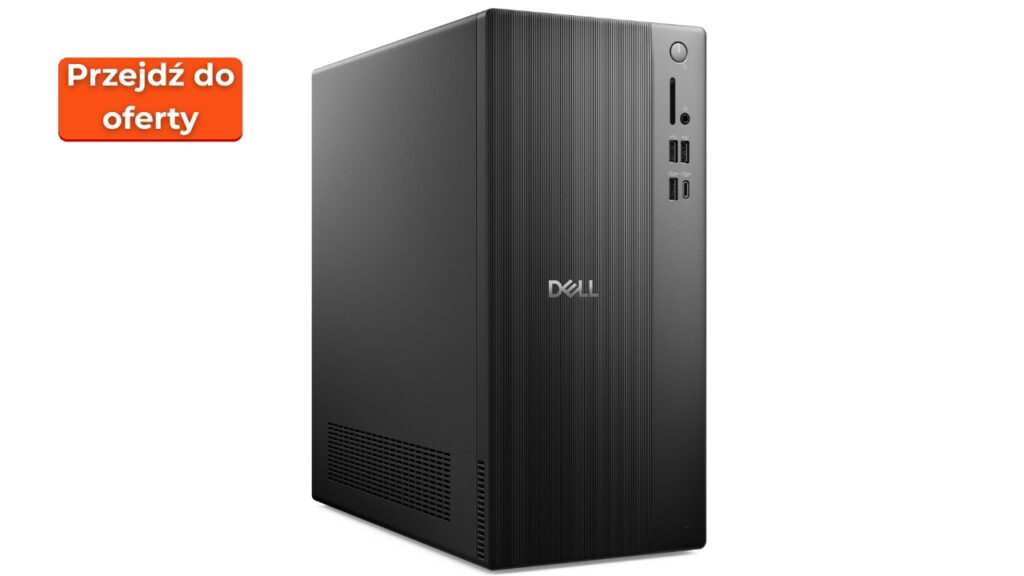 Dell_Pro_Tower_Essetnial_2026_1507_03 - lab-kuzniewski.pl - Testy laptopów, recenzje i porównania Dell desktop tower with front USB ports and audio jack, angled view; orange 'Przejdź do oferty' badge at top-left.