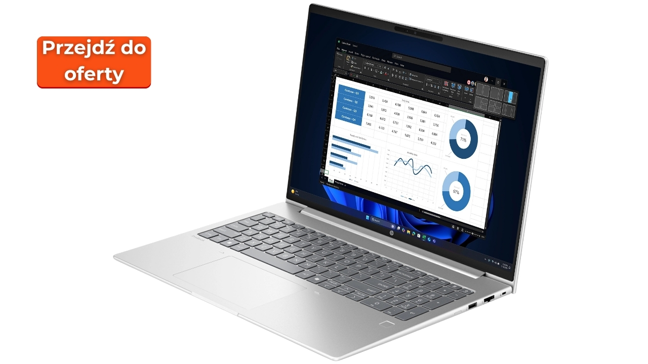 HP_ProBook_4_G1i_16_2207_01 - lab-kuzniewski.pl - Testy laptopów, recenzje i porównania Open silver laptop displaying a data dashboard with charts; an orange button reads 'Przejdź do oferty' on the left. This conveys a call-to-action embedded in the image for promotions or offers.