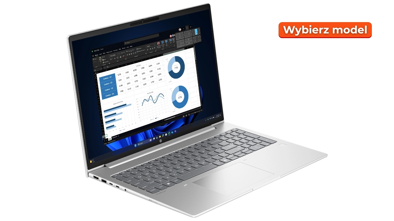 HP_ProBook_4_G1i_16_2207_02 - lab-kuzniewski.pl - Testy laptopów, recenzje i porównania Silver laptop open to a data dashboard with charts on its screen; orange 'Wybierz model' badge in the top-right corner.