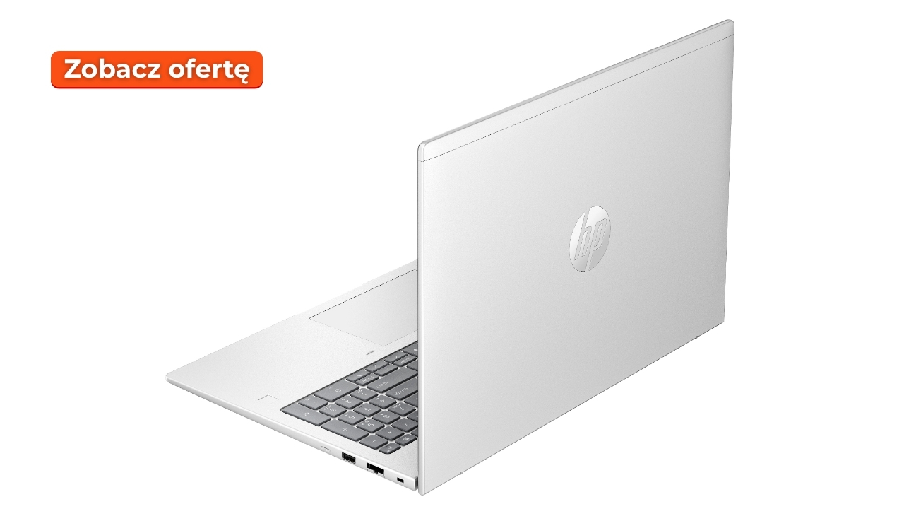 HP_ProBook_4_G1i_16_2207_03 - lab-kuzniewski.pl - Testy laptopów, recenzje i porównania White HP laptop angled from the side with a promo orange 'Zobacz ofertę' badge in the top-left corner.