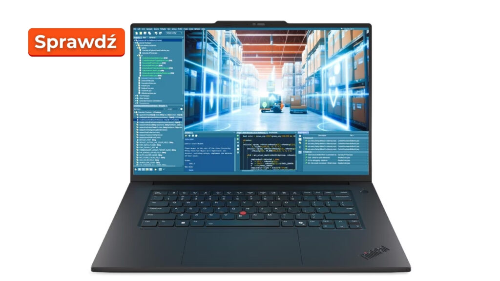 Laptop displaying code editor UI over a data-center scene with glowing servers and a bright orange 'Sprawdź' badge on the left side