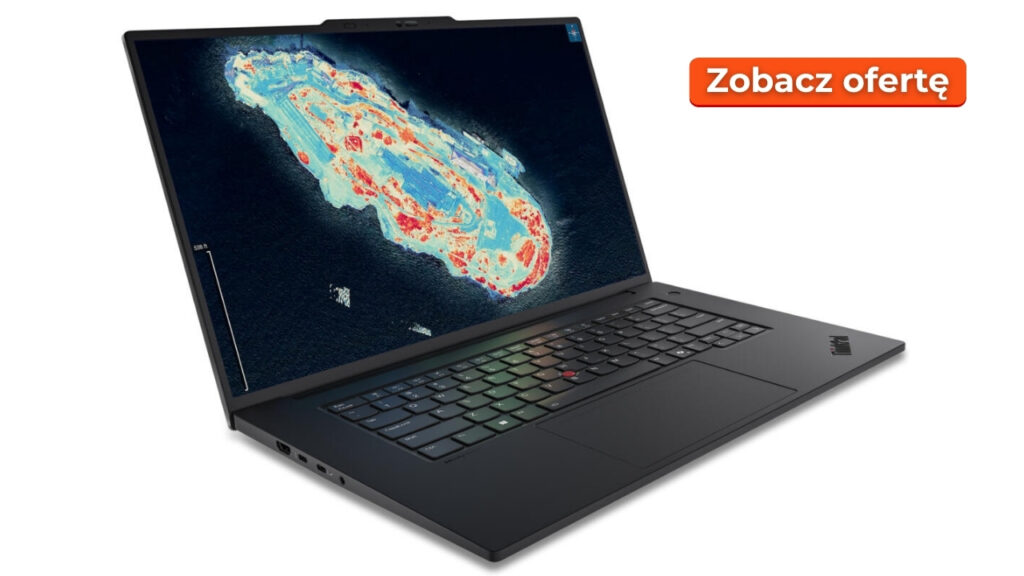 Open black ThinkPad-style laptop showing a colorful map wallpaper on the screen, with an orange rounded 'Zobacz ofertę' badge in the top-right corner.