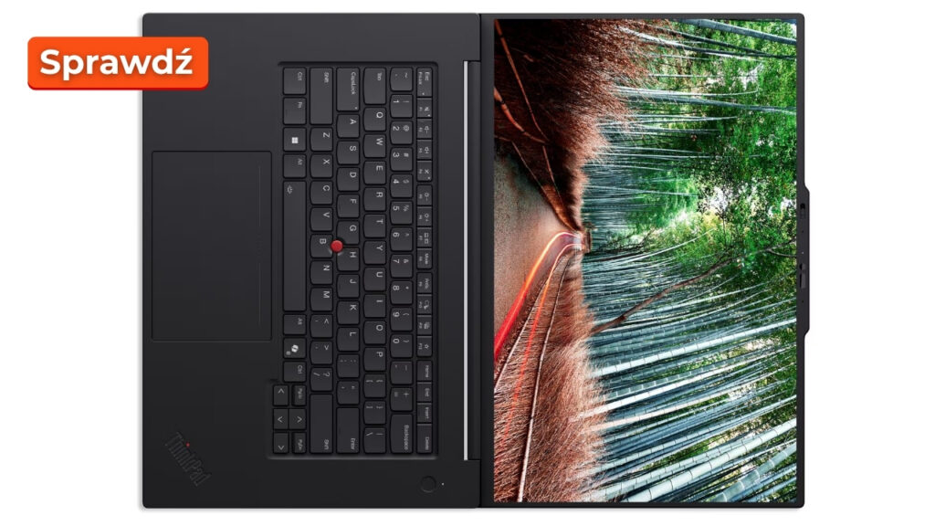 Open black laptop viewed from above, keyboard on the left and a forest image on the right screen, with an orange 'Sprawdź' badge in the top-left corner.