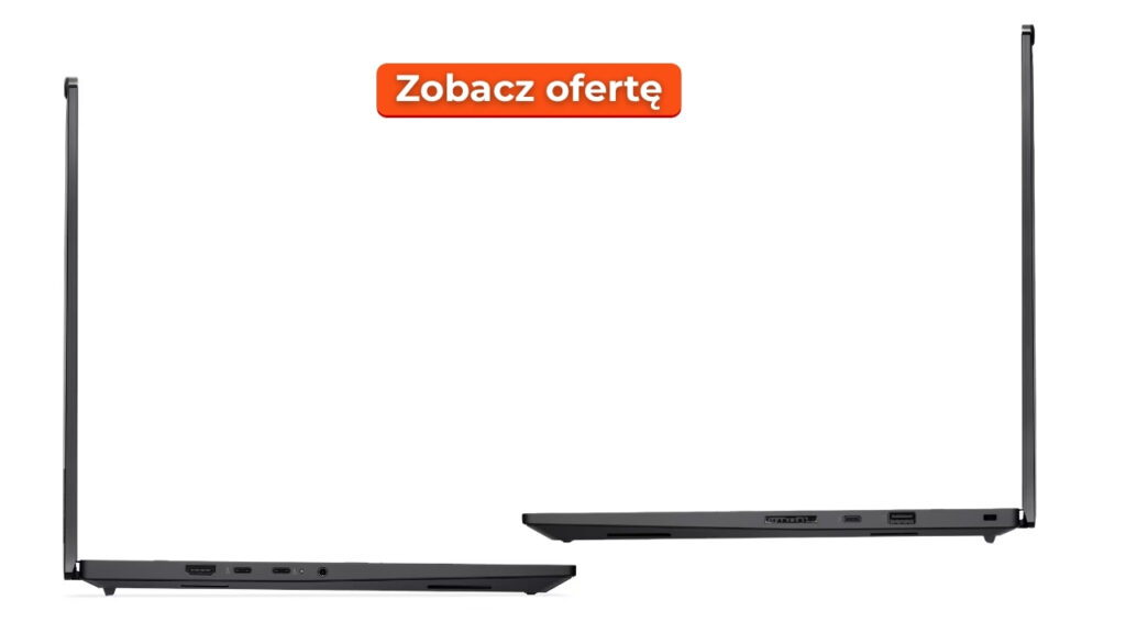 Side views of two slim laptops on a white background, one open and one closed, with an orange 'Zobacz ofertę' button above them.