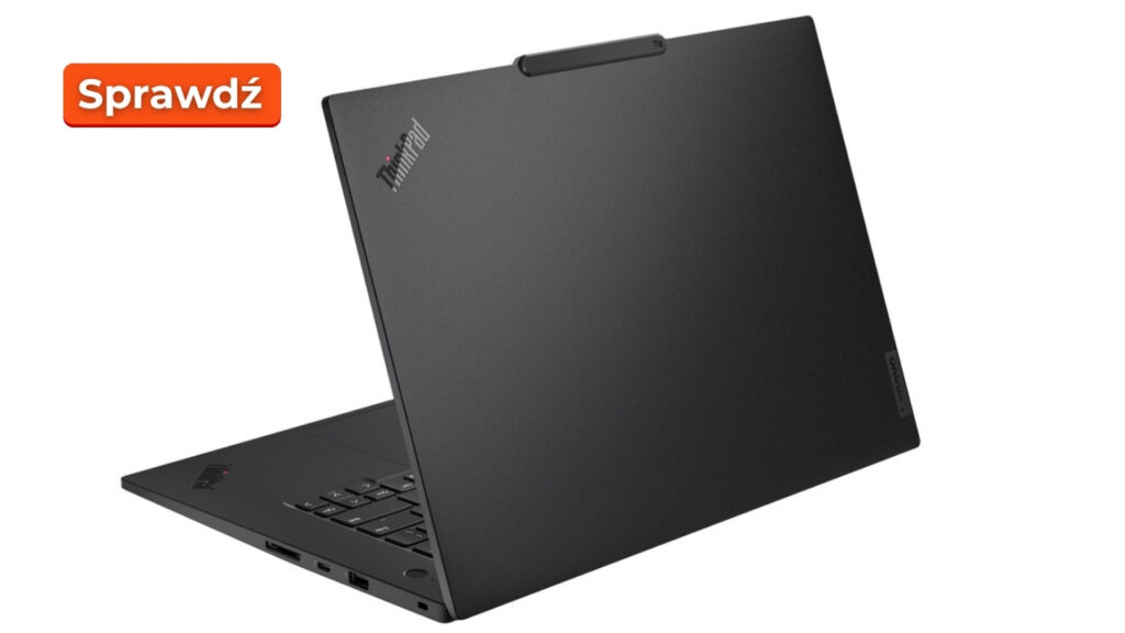 Black Lenovo ThinkPad laptop opened at an angle, keyboard visible with side ports showing on the left.