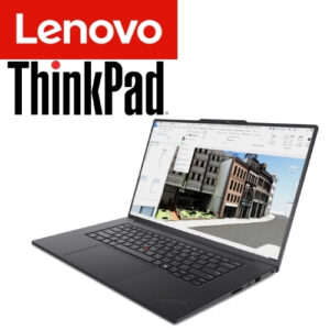 Lenovo ThinkPad logo with a laptop open to a city street rendering on screen.